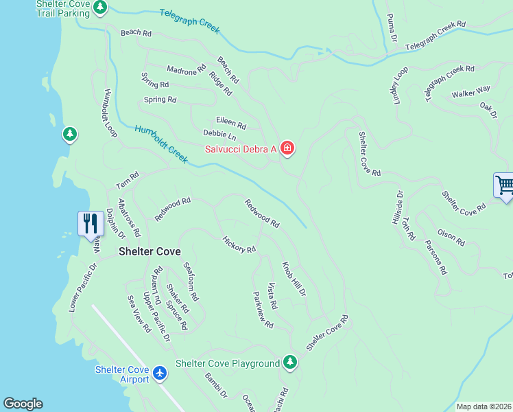 map of restaurants, bars, coffee shops, grocery stores, and more near 529 Redwood Road in Whitethorn