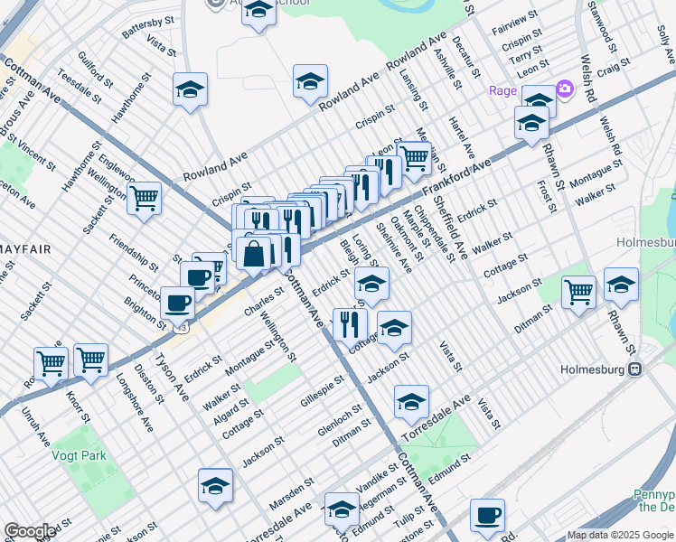 map of restaurants, bars, coffee shops, grocery stores, and more near 4042 Tudor Street in Philadelphia