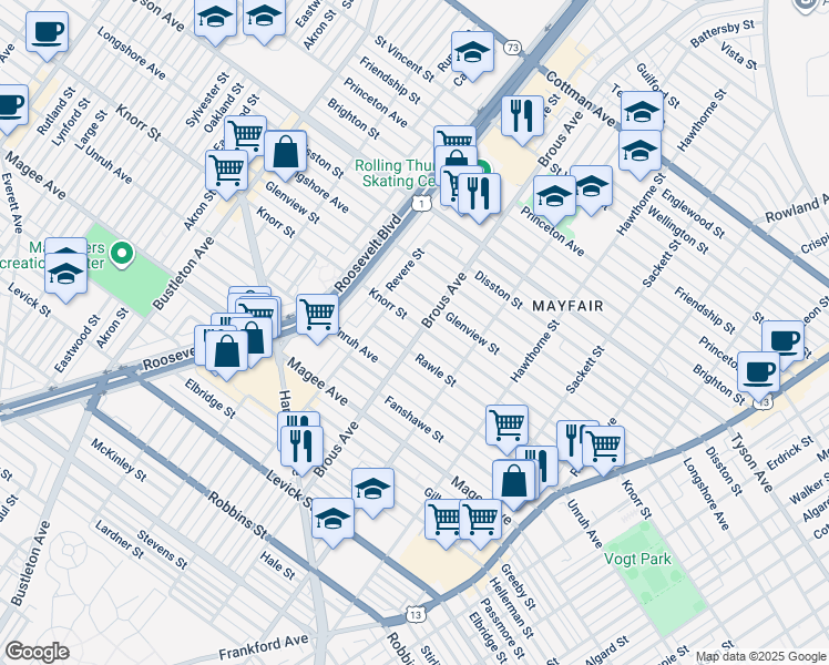 map of restaurants, bars, coffee shops, grocery stores, and more near 2842 Knorr Street in Philadelphia