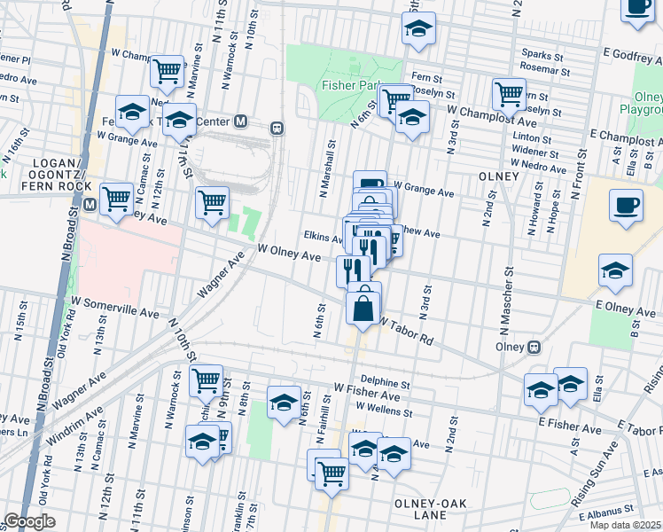 map of restaurants, bars, coffee shops, grocery stores, and more near 548 West Olney Avenue in Philadelphia