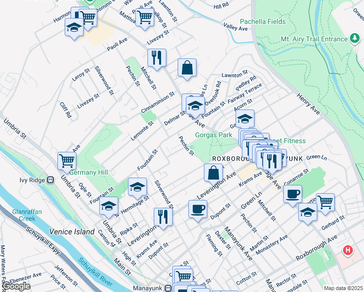 map of restaurants, bars, coffee shops, grocery stores, and more near 395 Fairway Terrace in Philadelphia