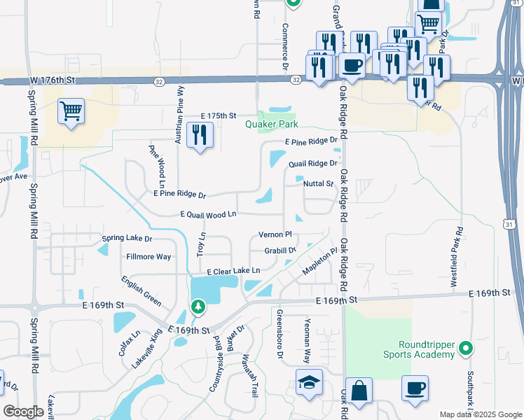 map of restaurants, bars, coffee shops, grocery stores, and more near 452 East Quail Wood Lane in Westfield