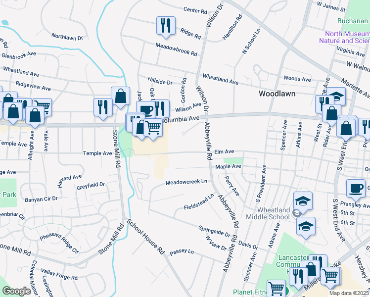 map of restaurants, bars, coffee shops, grocery stores, and more near 1351 Elm Avenue in Lancaster