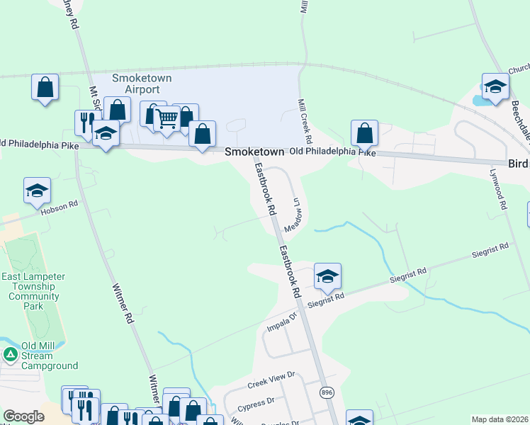 map of restaurants, bars, coffee shops, grocery stores, and more near 184 Eastbrook Road in Smoketown