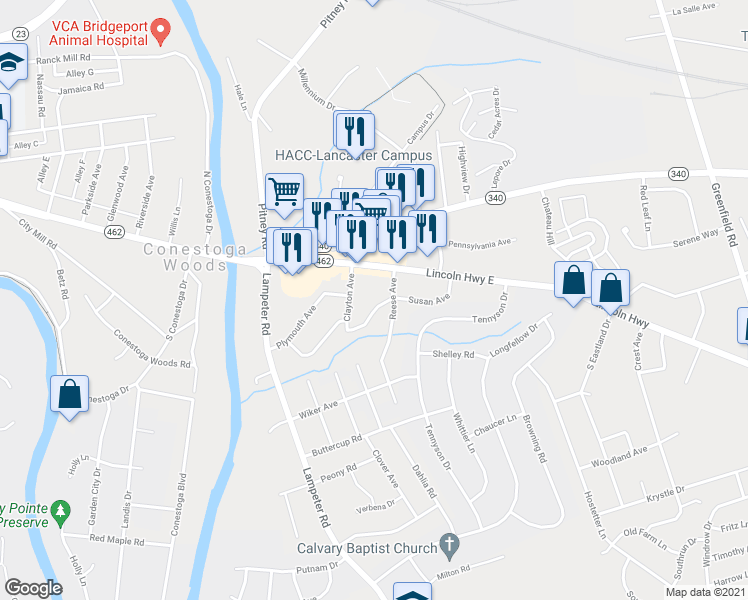 map of restaurants, bars, coffee shops, grocery stores, and more near 1665 Susan Avenue in Lancaster
