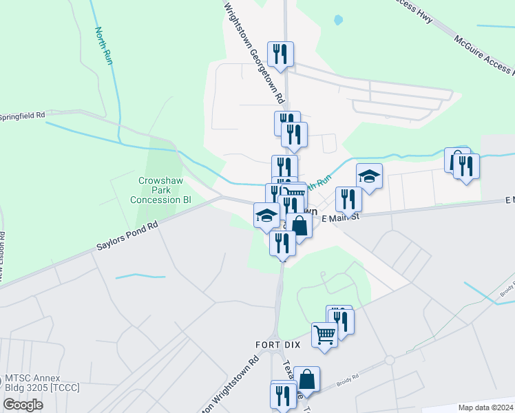 map of restaurants, bars, coffee shops, grocery stores, and more near 38 West Main Street in Wrightstown