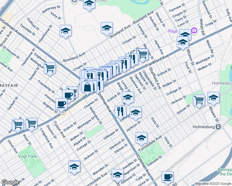map of restaurants, bars, coffee shops, grocery stores, and more near 4042 Tudor Street in Philadelphia