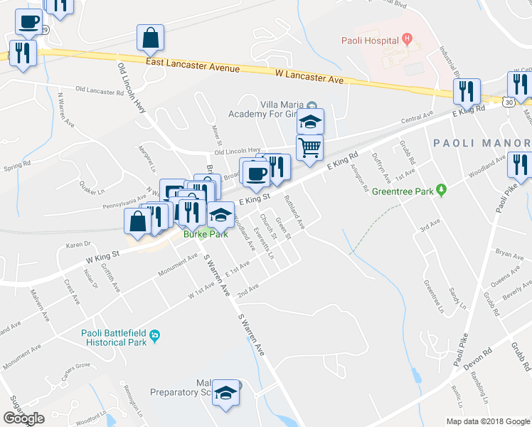 map of restaurants, bars, coffee shops, grocery stores, and more near 111 Church Street in Malvern