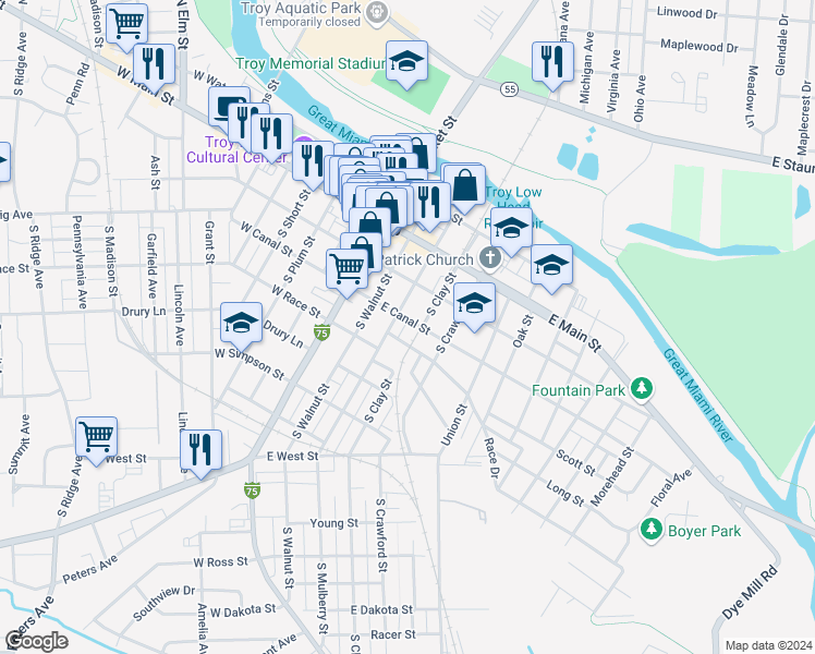 map of restaurants, bars, coffee shops, grocery stores, and more near 212 East Canal Street in Troy