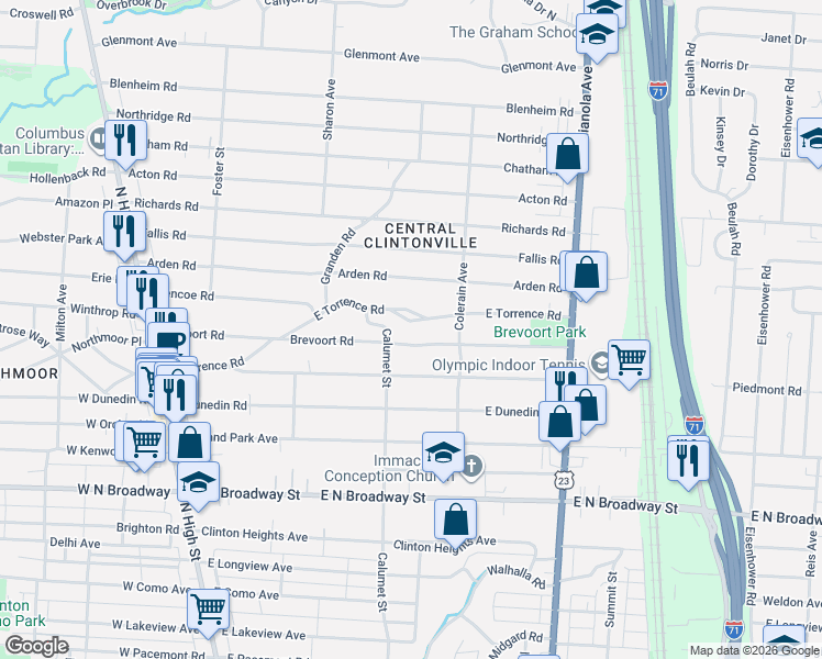 map of restaurants, bars, coffee shops, grocery stores, and more near 363 E Torrence Rd in Columbus