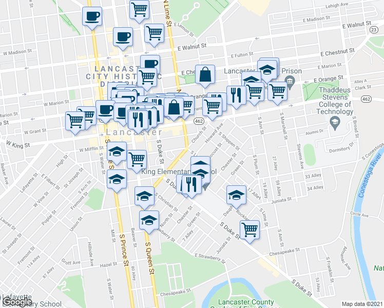 map of restaurants, bars, coffee shops, grocery stores, and more near 314 South Lime Street in Lancaster