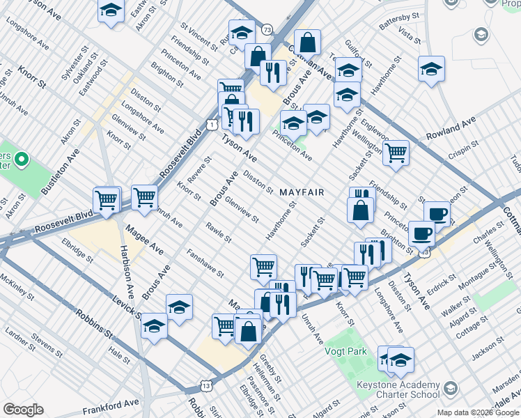 map of restaurants, bars, coffee shops, grocery stores, and more near 3012 Longshore Avenue in Philadelphia