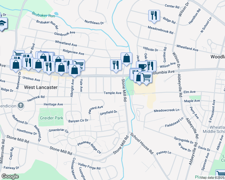 map of restaurants, bars, coffee shops, grocery stores, and more near 23 Cornell Avenue in Lancaster