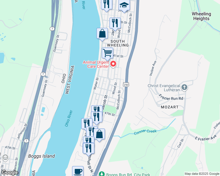 map of restaurants, bars, coffee shops, grocery stores, and more near 4338 Jacob Street in Wheeling