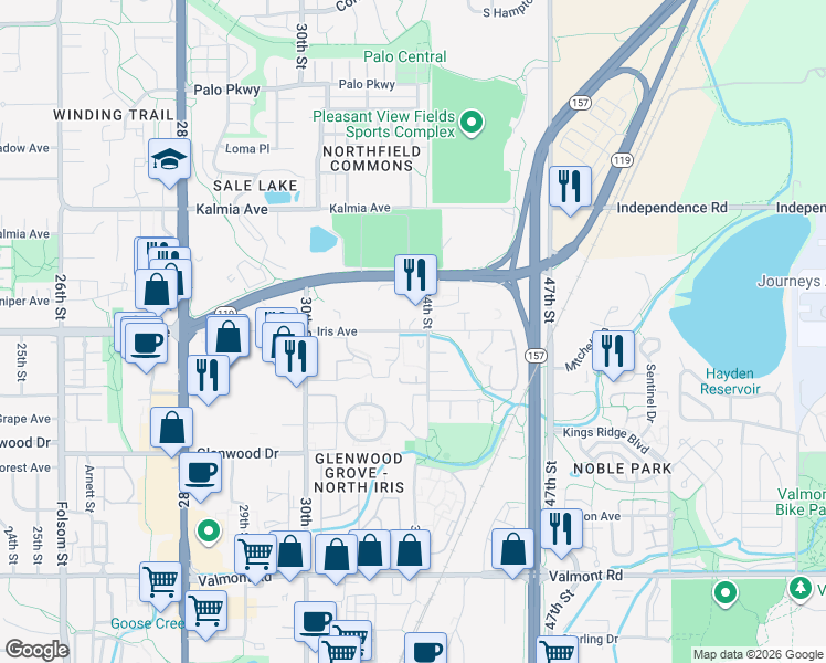 map of restaurants, bars, coffee shops, grocery stores, and more near 3400 Penrose Place in Boulder