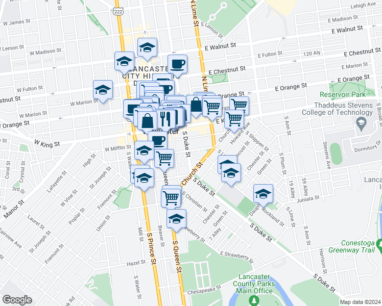 map of restaurants, bars, coffee shops, grocery stores, and more near 106 East Vine Street in Lancaster