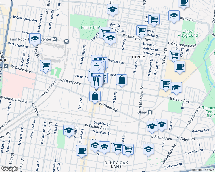 map of restaurants, bars, coffee shops, grocery stores, and more near 407 West Olney Avenue in Philadelphia