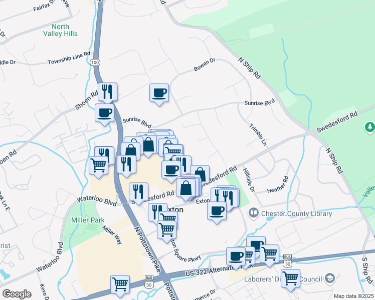 map of restaurants, bars, coffee shops, grocery stores, and more near 311 Exton Lane in Exton
