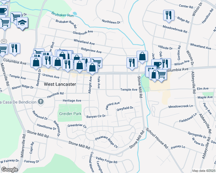 map of restaurants, bars, coffee shops, grocery stores, and more near 21 Harvard Ave in Lancaster