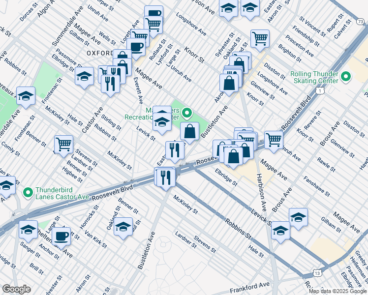 map of restaurants, bars, coffee shops, grocery stores, and more near 6427 Akron Street in Philadelphia