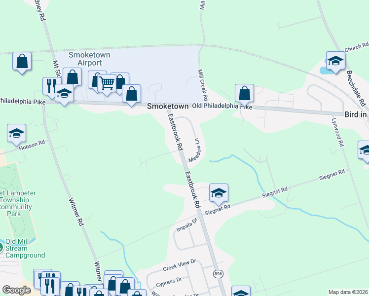 map of restaurants, bars, coffee shops, grocery stores, and more near 184 Eastbrook Road in Smoketown