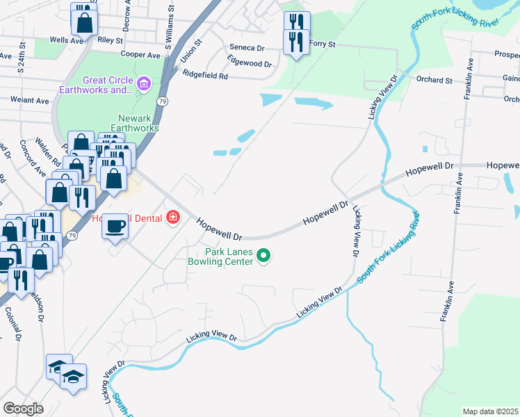 map of restaurants, bars, coffee shops, grocery stores, and more near 650 Hopewell Drive in Heath