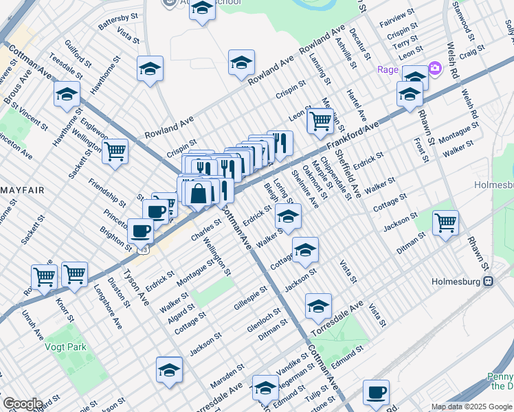 map of restaurants, bars, coffee shops, grocery stores, and more near 4045 Aldine Street in Philadelphia