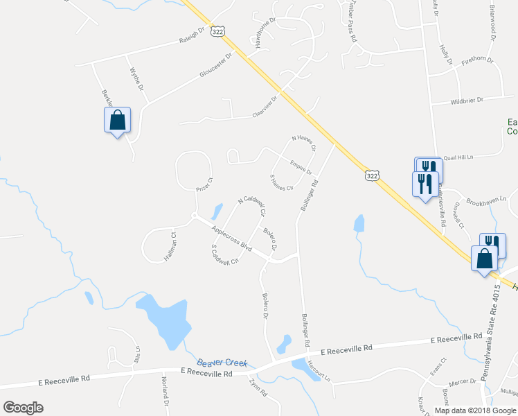 map of restaurants, bars, coffee shops, grocery stores, and more near 234 North Caldwell Circle in Downingtown