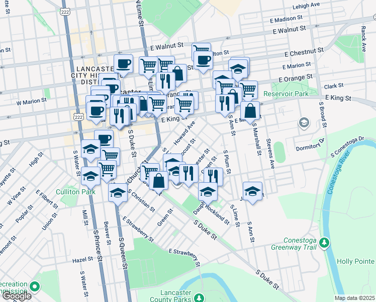 map of restaurants, bars, coffee shops, grocery stores, and more near 115 Locust Street in Lancaster