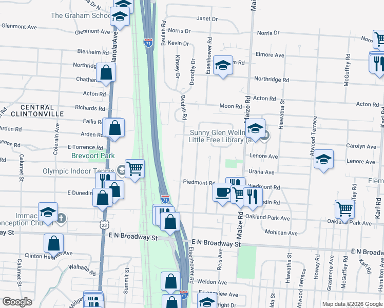 map of restaurants, bars, coffee shops, grocery stores, and more near 3505 Eisenhower Rd in Columbus