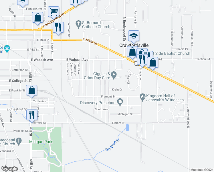 map of restaurants, bars, coffee shops, grocery stores, and more near 513 South Grace Avenue in Crawfordsville