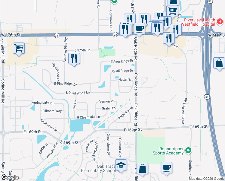 map of restaurants, bars, coffee shops, grocery stores, and more near 481 Quail Ridge Dr in Westfield