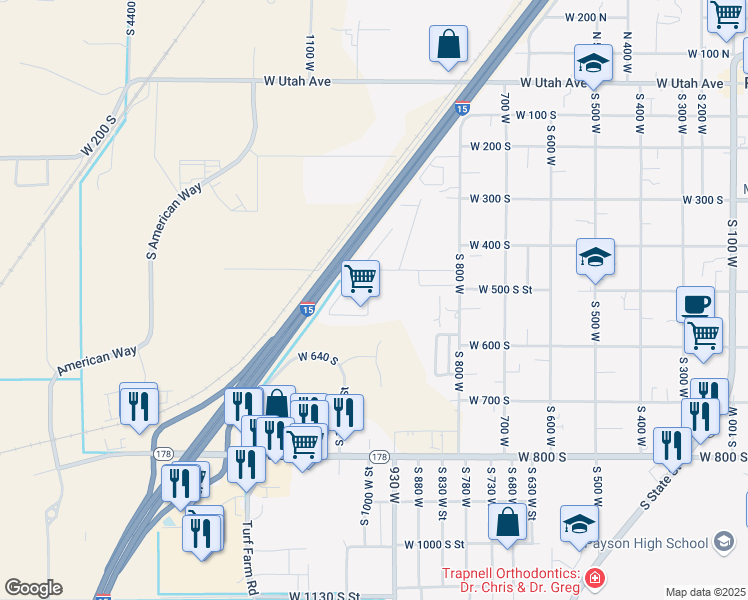 map of restaurants, bars, coffee shops, grocery stores, and more near 527 South 1000 West Street in Payson