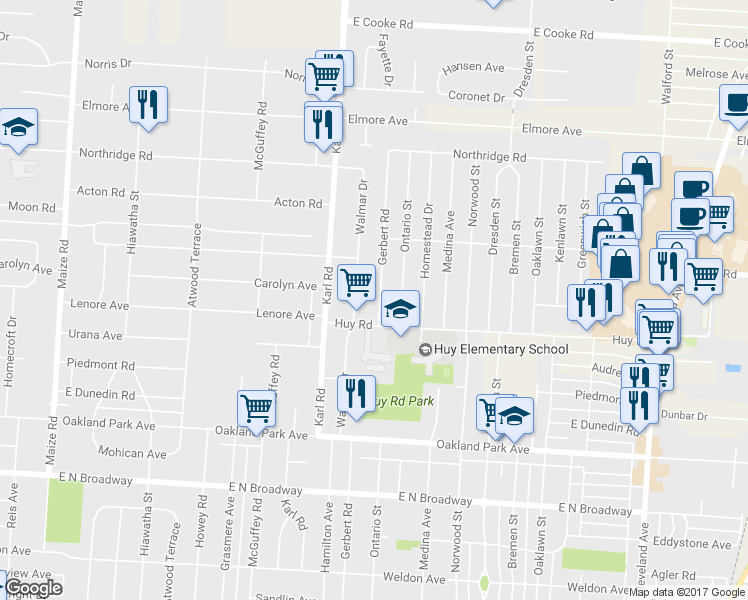 map of restaurants, bars, coffee shops, grocery stores, and more near 3421 Gerbert Road in Columbus