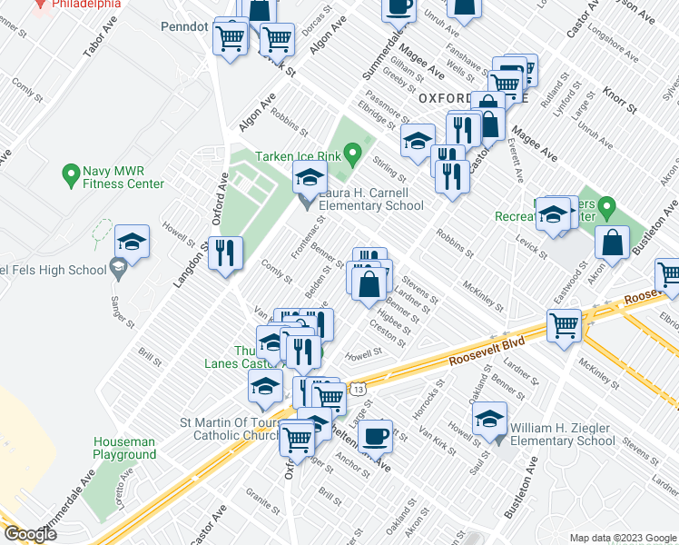 map of restaurants, bars, coffee shops, grocery stores, and more near 6060 Loretto Avenue in Philadelphia
