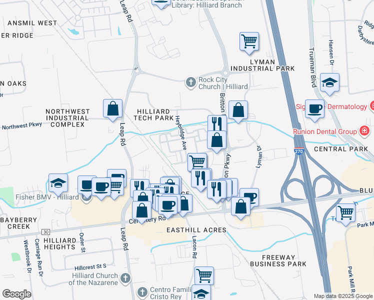 map of restaurants, bars, coffee shops, grocery stores, and more near 4088 Heybridge Avenue in Hilliard
