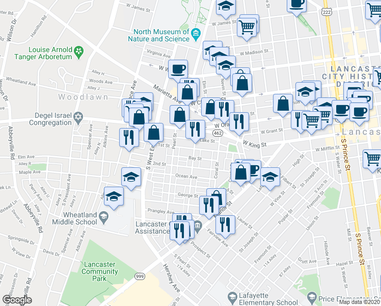 map of restaurants, bars, coffee shops, grocery stores, and more near 110 Ruby Street in Lancaster