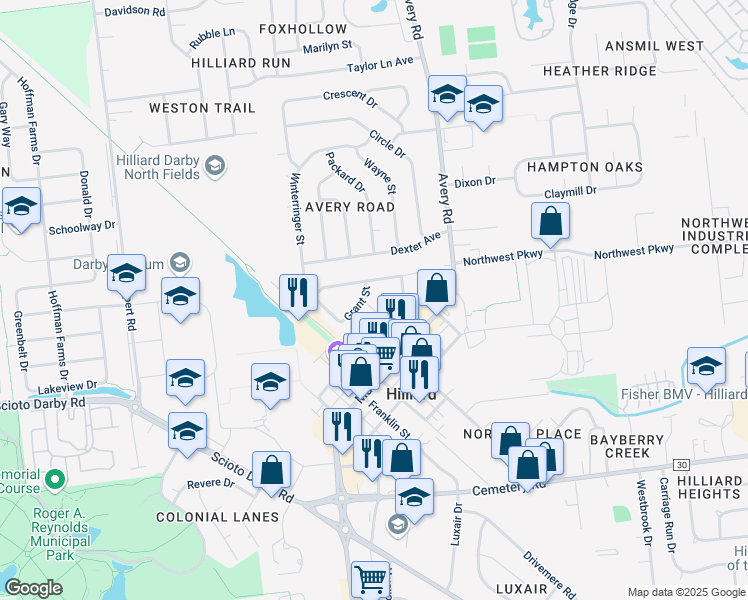 map of restaurants, bars, coffee shops, grocery stores, and more near 4160 Grant St in Hilliard