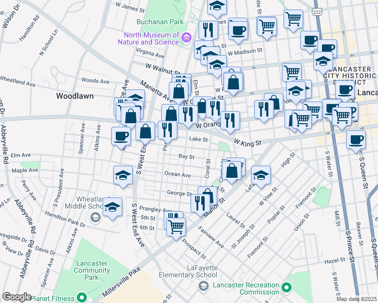 map of restaurants, bars, coffee shops, grocery stores, and more near 107 Ruby St in Lancaster