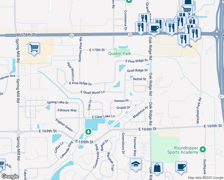 map of restaurants, bars, coffee shops, grocery stores, and more near 428 East Quail Wood Lane in Westfield