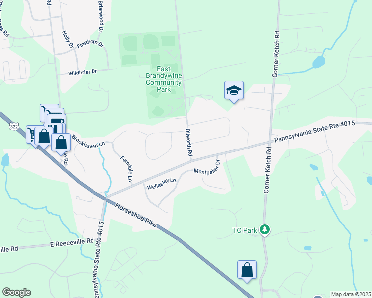 map of restaurants, bars, coffee shops, grocery stores, and more near 406 Dilworth Road in Downingtown