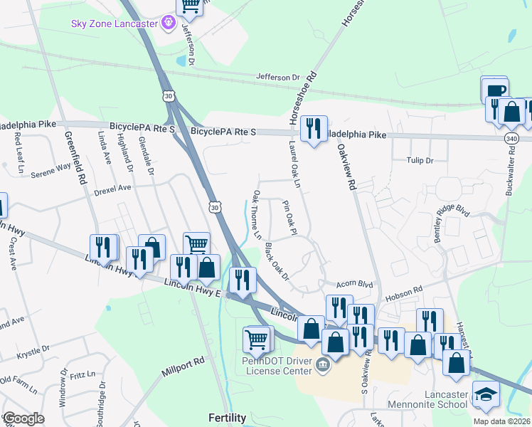 map of restaurants, bars, coffee shops, grocery stores, and more near 310 Oak Leaf Ln in Lancaster