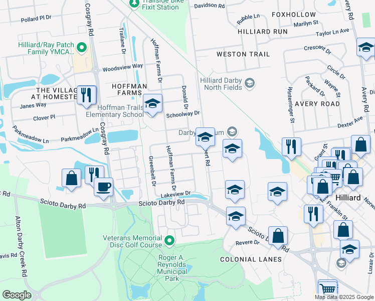 map of restaurants, bars, coffee shops, grocery stores, and more near 5762 Laura Ln in Hilliard