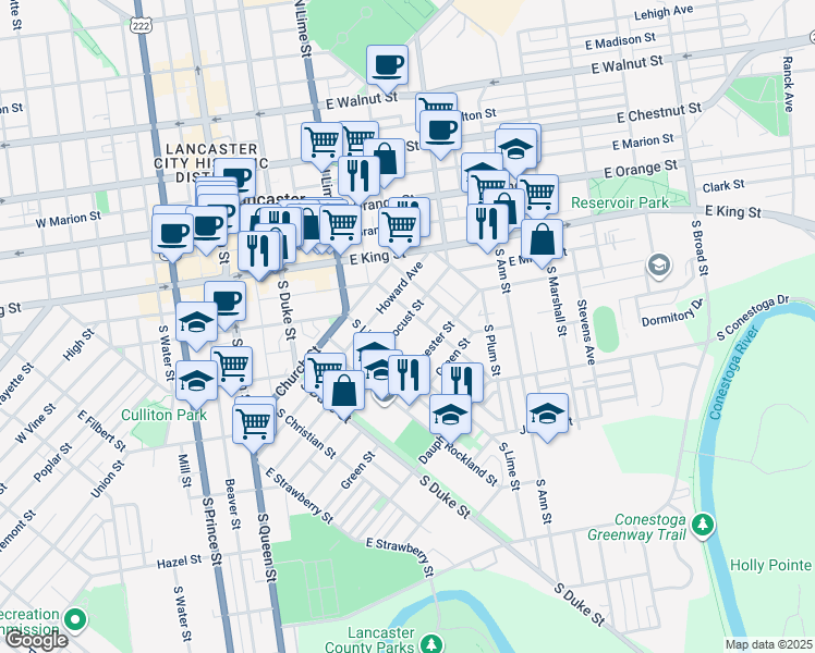 map of restaurants, bars, coffee shops, grocery stores, and more near 115 Locust Street in Lancaster