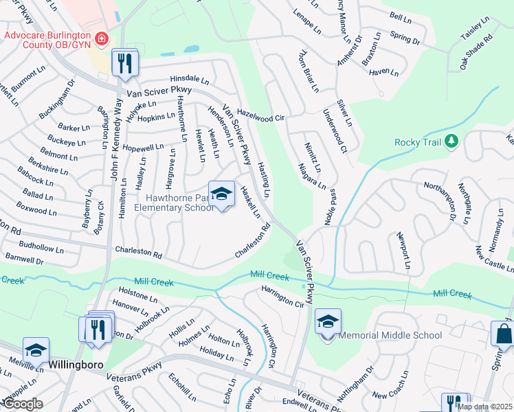 map of restaurants, bars, coffee shops, grocery stores, and more near 16 Haskell Lane in Willingboro