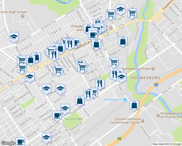 map of restaurants, bars, coffee shops, grocery stores, and more near 7757 Cottage Street in Philadelphia