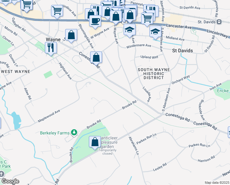 map of restaurants, bars, coffee shops, grocery stores, and more near Radnor Trail in Wayne