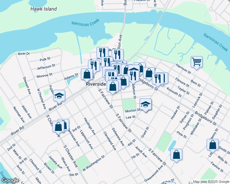 map of restaurants, bars, coffee shops, grocery stores, and more near 213 South Pavilion Avenue in Riverside