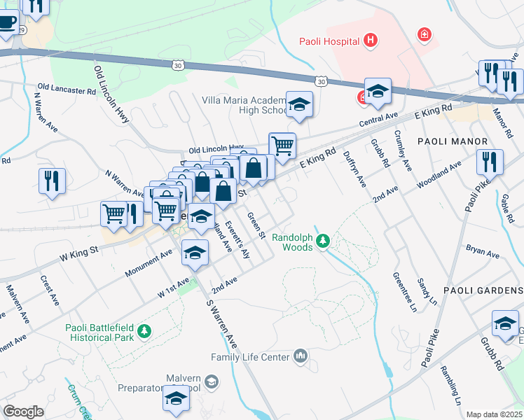 map of restaurants, bars, coffee shops, grocery stores, and more near 38 Ruthland Avenue in Malvern