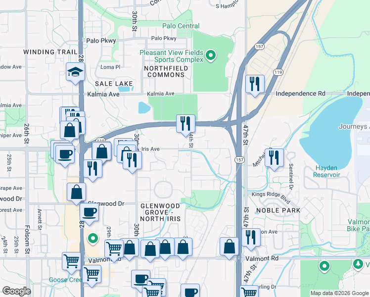 map of restaurants, bars, coffee shops, grocery stores, and more near 3400 Penrose Place in Boulder